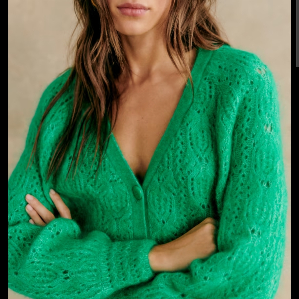Sezane Green Cardigan Sweater with Intricate Knit Design